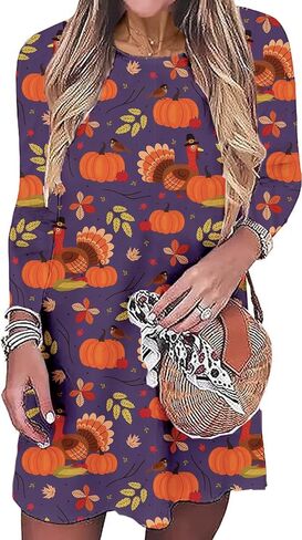 Women Happy Thanksgiving Pumpkin Tunic Dress Turkey Gobble Harvest Floral Mini Dress Thankful Grateful Fall Dresses in Saudi Arabia
