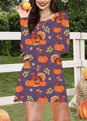 Women Happy Thanksgiving Pumpkin Tunic Dress Turkey Gobble Harvest Floral Mini Dress Thankful Grateful Fall Dresses in Saudi Arabia