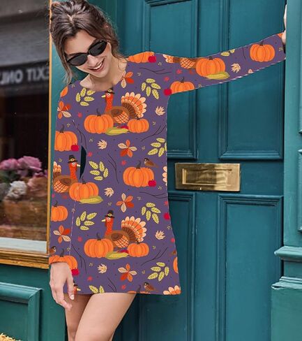 Women Happy Thanksgiving Pumpkin Tunic Dress Turkey Gobble Harvest Floral Mini Dress Thankful Grateful Fall Dresses in Saudi Arabia