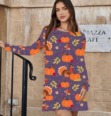 Women Happy Thanksgiving Pumpkin Tunic Dress Turkey Gobble Harvest Floral Mini Dress Thankful Grateful Fall Dresses in Saudi Arabia