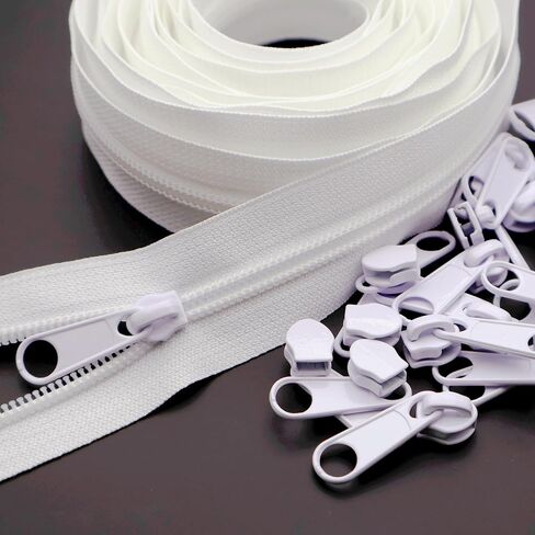 #5 White Nylon Coil Zippers by The Yard 10 Yards Bulk Zippers with 25pcs Zipper Pulls Sliders for DIY Sewing Crafts Bags Purses YIGUANXIN in Kuwait