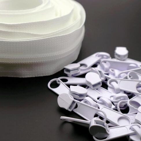 #5 White Nylon Coil Zippers by The Yard 10 Yards Bulk Zippers with 25pcs Zipper Pulls Sliders for DIY Sewing Crafts Bags Purses YIGUANXIN in Kuwait