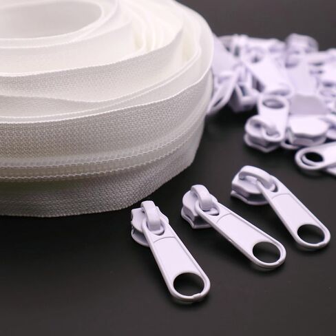 #5 White Nylon Coil Zippers by The Yard 10 Yards Bulk Zippers with 25pcs Zipper Pulls Sliders for DIY Sewing Crafts Bags Purses YIGUANXIN in Kuwait