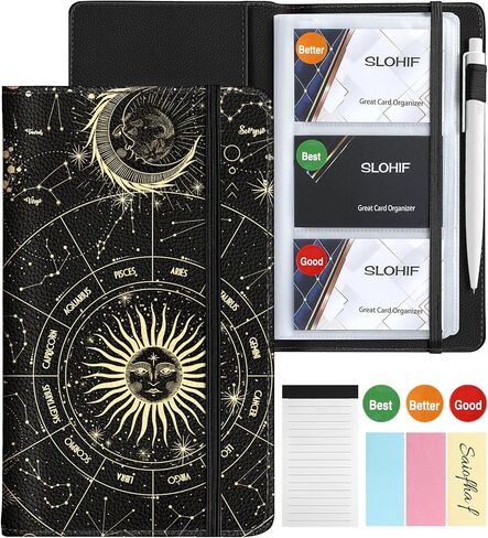 Slohif Business Card Book Holder Organizer - Black Moon Sun Print Leather Books Binder Holds 240 Cards Credit Gifts Card With Sticky Notes Graded Stickers Notepad in Kuwait