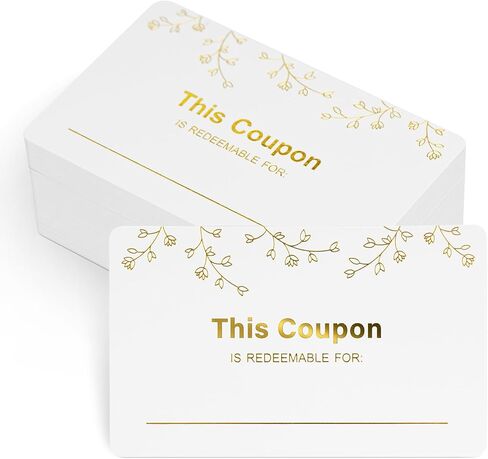 KINGLAKE GARDEN 100PCS Blank Coupon Cards 3.5'' x2'' Redeem Gift Card Coupon Book Gift Voucher Gift Certificates for Him, Her, Mom, Wife, Husband, Business, Spas, Christmas (Gold) in Kuwait
