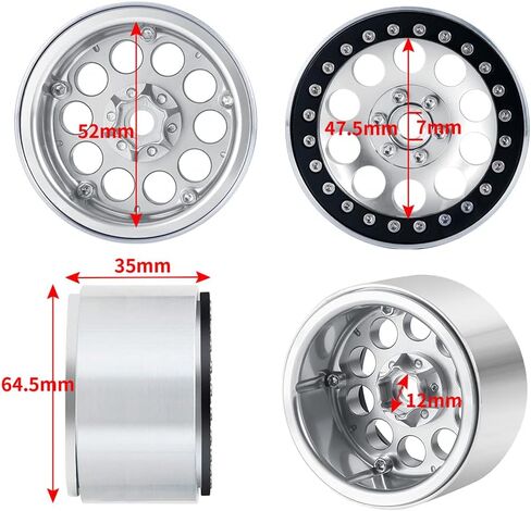 RCLIONS 4 قطع عجلات Beadlock 2.2 بوصة 35 مم RC 2.2 إطارات ألومنيوم لسيارة شاحنة زاحفة محورية RR10 90048/90018 TRX4 1/10th RC (فضي) in Saudi Arabia