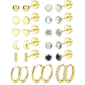 Hypoallergenic Surgical Steel Earrings for Sensitive Ears - Flat Back Stud Earrings for Women Men - Small Cubic Zirconia Opal Stud Hoop - 20G Screw Back Cartilage Earring Sets for Multiple Piercing 13Pairs