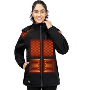Heated Jacket for Women with 16000mAh Battery Pack, Winter Outdoor Soft Shell Electric Heating Coat with Detachable Hood