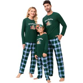 MISSKY Christmas Pajamas for Family Long Sleeve Print Top and Plaid Pants Sleepwear Xmas Holiday Pjs Sets