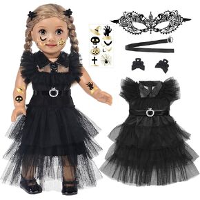 ebuddy 18 Inch Doll Clothes - Inspired Party Movie Halloween Costume Black Tulle Cake Dress, with Temporary Tattoo Stickers, Black Bow Hair Clip (Doll Not Included)