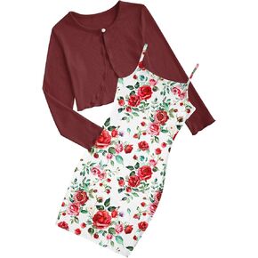 Vogseek 7-14T Girl's 2 Piece Outfits Floral Cami Dresses with Long Sleeve Button Down Crop Ribbed Cardigan Set