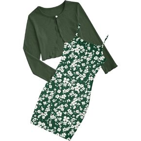 Vogseek 7-14T Girl's 2 Piece Outfits Floral Cami Dresses with Long Sleeve Button Down Crop Ribbed Cardigan Set