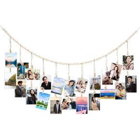 عرض الصور المعلقة من Bewudy مع مشابك، إطارات صور Boho من الخرز الخشبي لتزيين الحائط، لافتة صور لتزيين حجرة المكتب للصور
