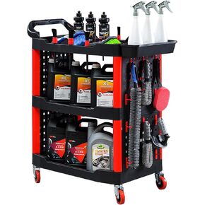Rolling Utility Detailing Tool Cart,3 Tier Car Wash Detail Trolley with Side Hanging Plate & Hooks, Car Wash Cart Detail Cart Mechanics & Detailers During Repairs Car Wash/Wax Mobile Utility Cart