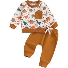 Toddler Boys Cartoon Dinosaur Outfits Crew Neck Pocket Long Sleeve Sweatshirts and Long Pants 2Pcs Clothes Set