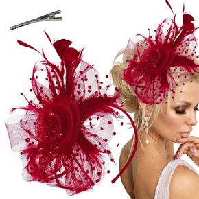 Fascinators Hats for Women Kentucky Derby Tea Party Headwear Tea Party Hats for Women Flower Mesh Ribbons Feathers Headband Hair Accessories (Red)