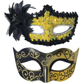 BCARICH Masquerade Masks For Couples, Women Cosplay Mask with Rhinestone and Venetian Style Men Mask for Mardi Gras Halloween