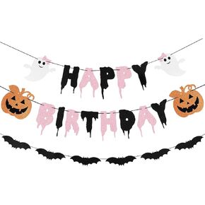 Pink Black Halloween Happy Birthday Banner and Halloween Bats Garland, Pumpkin Happy Birthday Halloween Banner for Pink Black Girls Halloween Birthday Decorations