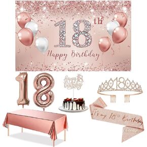 Trgowaul 18th Birthday Decorative Balloon Set Women's Arch, Rose Gold 18th Birthday Banner and Party Tablecloth, Belt and Tiara, Pink Gold 18th Balloon, Pink Birthday Cake Top, Latex Balloon * 60