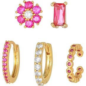 18k Gold Plated Pink Earring Sets for Women Dainty Tinny Stud Earrings Mini Huggie Earrings for Multiple Piercing Cartilage Earrings Ear Cuff for Women