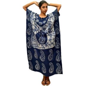 Odishabazaar Womens Cotton Caftan Nighty Blue White Batik Kaftan Maxi Dress