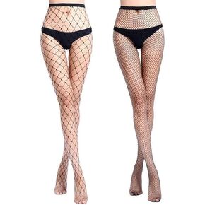 2 Pairs 20D Women's Fishnet Sheer Tights Control Top Pantyhose with Reinforced Toes Size 90-150lbs black Big+Medium Net