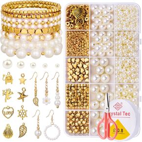 TsMADDTs Pearl Beads for Bracelets, Bracelets Making Kit with Pearl Beads for Jewelry Making Gold Spacer Beads for Adults DIY Friendship Bracelet Necklace and Earring Supplies