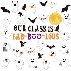 73 Pieces Halloween Ghost Bulletin Board Decoration Set,Cute Ghosts Bat Patterned Paper Cutouts Blackboard Borders for Halloween Party School Home Classroom Chalkboard Wall Decor