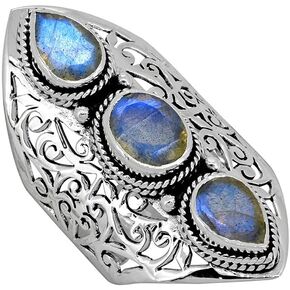 YoTreasure Labradorite Solid 925 Sterling Silver 3 Stone Ring