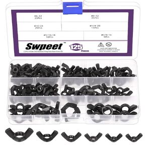 Swpeet 135Pcs Black High Strength Carbon Steel Serrated Metric Wing Nuts Butterfly Nuts Hex Dome Cap Assortment Kit, 7 Sizes - M3 M4 M5 M6 M8 M10 M12