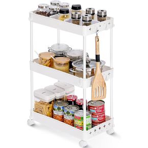 KINGRACK 3-Tier Utility Rolling Carts with Adjustable Dividers,Multi-Purpose Storage Craft Art Cart Trolley Organizer Serving Cart for Bathroom Rolling Cart for Kitchen Living Room Bedroom,White