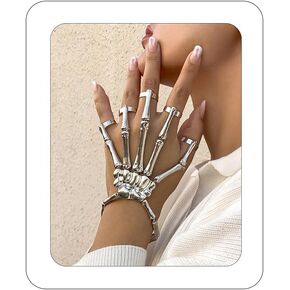 Bethynas Gothic Skull Skeleton Metal Fingers Hand Bracelet with Adjustable Ring Punk Bone Wristband Cosplay Jewelry for Women