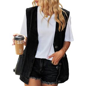 Denim Jean Vest for Women Oversized Lightweight Collarless Sleeveless Button Down Denim Waistcoat Jacket