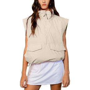 VAOYIU Womens Quilted Puffer Vest Stand Collar Half Zip Sleeveless Padded Jacket Hoodie Pullover Coat with Pockets