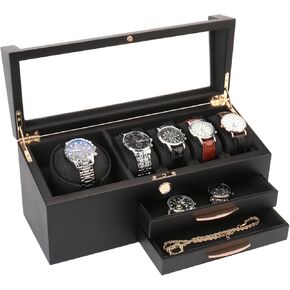 Watch Box, 12-slot Wooden Watch Case with Large Glass Lid, Watch Display Box with Removable Pillow, Gift for Men (Black)