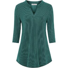 BAISHENGGT Womens 3/4 Sleeve Ribbed Stretchy Notch V Neck Blouses Tunic Tops
