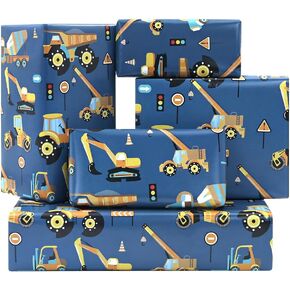 Excavator Tractor Dump Truck Bulldozer Mixers Dumper Vehicles Pattern Road Under Construction Blue Wrapping Paper For Kids Boys Little Builder Birthday Parties- Folded Flat 28 x 20 Inch - 6 Sheets