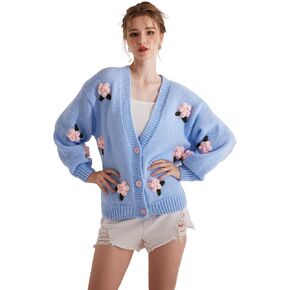 Cardigan Sweater for Women, Long Sleeve V-Neck Button Knit Flower Outfit