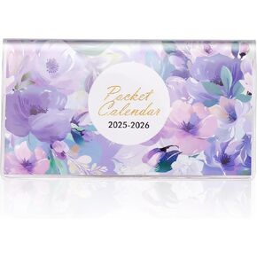 Pocket Calendar 2025-2026, Small Pocket Planner 2025-2026 for Purse 3.5×6.5In, 24 Month Organizer from Jan 2025 - December 2026 Mini Planner with Pvc Cover for Organizing & Planning(Purple Flower)