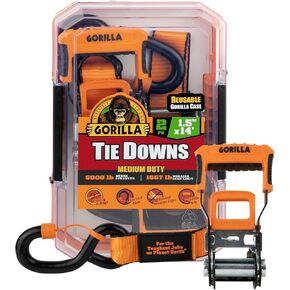 Ratchet Tie Down Strap Gorilla 2pk 1.5 inch x 14 feet Complete with gorilla Grip Handle and Floating D Rings - Ideal for Hauling Cargo When Camping or Moving