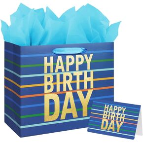 13" Large Blue Gift Bag with Tissue Paper, Card and Handles for Men's Birthday, Kids' or Baby Boy (Stripe)