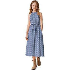 LaBeca Girls Halter Neck Rayon Woven Floral Printed Solid Color High Waist Midi Belted Party Casual Dress with Pocket