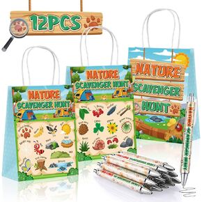 Scavenger Hunt Play Set with 12 Pcs Nature Scavenger Hunt Game Bags 12 Pcs Rolling Paper Ballpoint Pens Outdoor Find and Seek Camping Games for Family Group Nature Exploration Activities