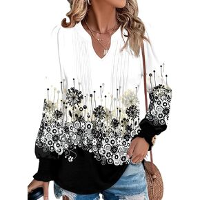 BETTE BOUTIK Long Sleeve Shirts for Women Fall Tops Dressy Blouses Pleated V Neck Tunic Tops for Leggings S-3XL