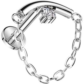 Pierced Owl 16GA ASTM F-136 Implant Grade Titanium Internally Threaded CZ Crystal Center Curved Bar with Dangling Chain Hidden Helix Flat Back Stud