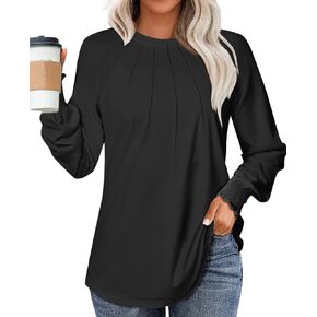Women's 2024 Fall Long Sleeve Tops Crewneck Pleated Shirts Puff Sleeve Loose Fitting Tunic Blouse Cute Tee