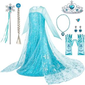 Spooktacular Creations 5 PCS Ice Princess Dress for Girls, Light Blue Sequin Dress with Tailing Cape for Kids Halloween Party