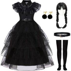Akokvlar Black Costume Dress for Girls Wig Belt Earrings Socks Dress Up Suit