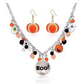 Halloween Ghost Necklace Crystal Beaded BOO Pumpkin Pendant Choker Necklace with Pumpkin Drop Earrings Jewelry Set