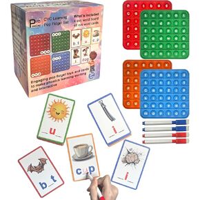 CVC Learning Pop Fidget Set with Flash Cards - Educational Spelling and Reading Game for Preschool and Kindergarten, Includes Colorful Erasable Pens and Fidget Boards